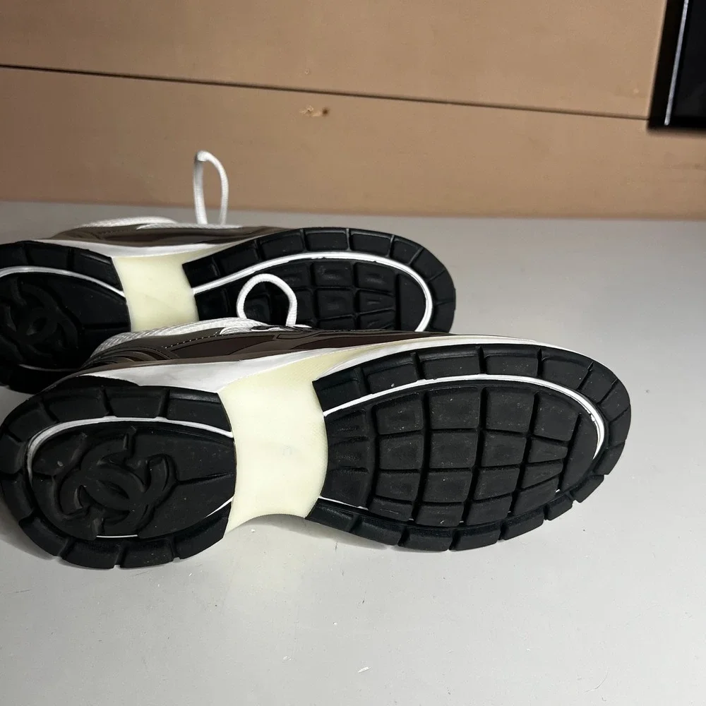 Chanel Metallic Silver White Mesh CC Logo Low Top Sneakers Size 42